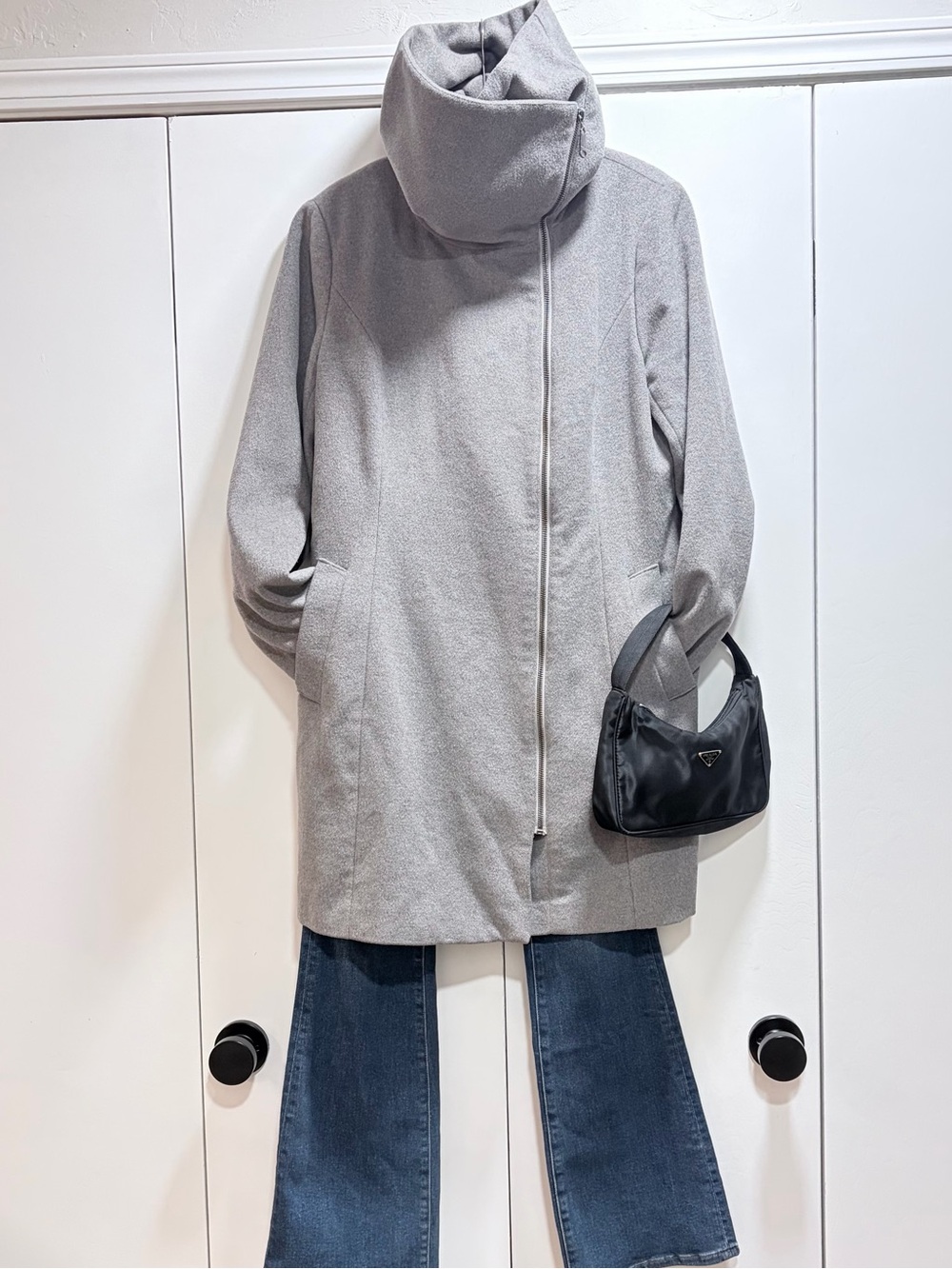 🔥FALL26 ColeHaan Signature Asymmetric Zip WoolBlend Funnel Neck Coat | Grey Sz12